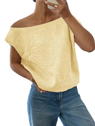 Womens Floral Off Shoulder Sweater Vest Cute Cap Sleeve Tops 3D Flower Decor Knit Tank Top Loose Fall Summer Clothes