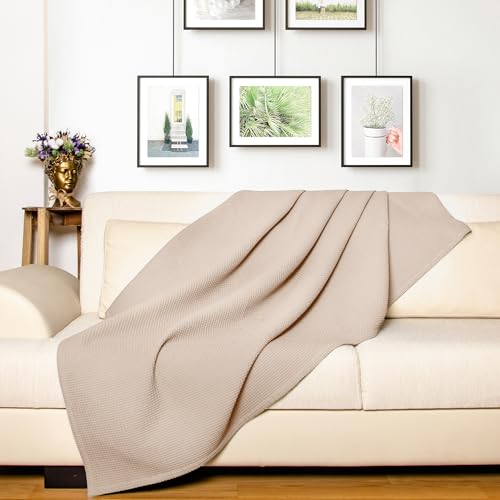 LAYNENBURG Premium Tagesdecke 180 x 220 cm - Waffelpique 100% Baumwolle - leichte Wohndecke Waffeloptik - Baumwolldecke als Bett-Überwurf, Sofa-Überwurf, Couch-Überwurf - Sofa-Decke (beige)