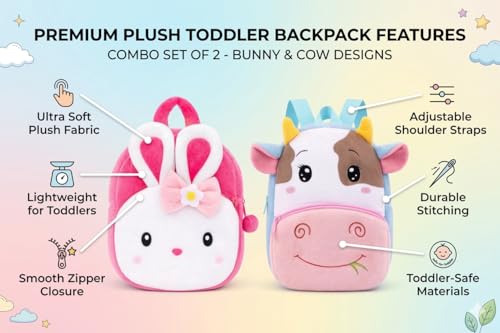 Image of Cartoon Plush Kids School Bag 2-6 Years | Soft Toy Backpack for Boys & Girls | Toddler Nursery Preschool Bag | Lightweight Adjustable Straps