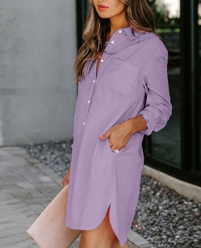 Image of Aoudery Womens Button Down Shirt Dresses with Pockets Cotton Button Up Tunics Long Sleeve Solid High Low Blouse Tops