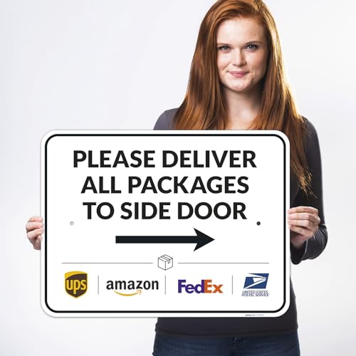 Image of Package Delivery Sign, Delivery Instructions Deliver All Package to Side Door Right Arrow Sign, 18x24 Inches, Rust Free .063 Aluminum, Fade Resistant, Made in USA by Sigo Signs
