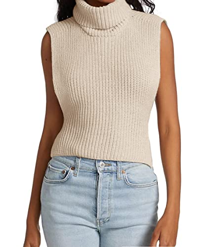 Image of Womens Sleeveless Sweater Vest Turtleneck Ribbed Knit Tank Tops Basic Slim Fit Top