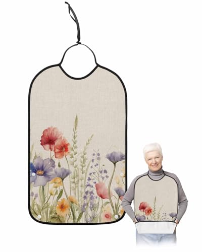 Botanical Flower Adult Bib for Adults Men, Women, Vintage Floral Leaves Plant Herb Washable & Adjustable Terry Cloth Bib with Crumb Catcher Reusable Waterproof Clothing Clothes Protector Apron