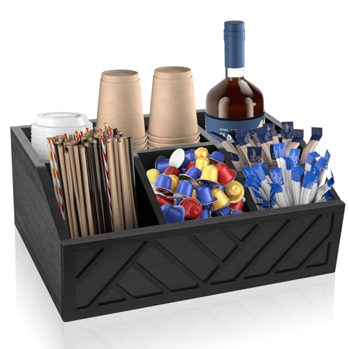 Soporte de madera para almacenamiento de condimentos para barra de café, accesorios para encimera, organizador de cápsulas de café y jarabes, organizador de estación de café de granja (negro).