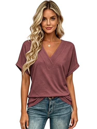 Image of T Shirts Short Sleeve V Neck Tees Womens Tops Beach Vacation Fashion Clothes 2026 Casual Summer Spring Fall Outfits