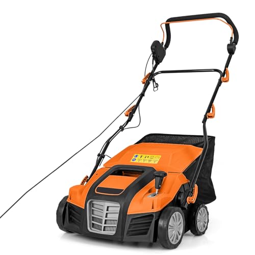 GYMAX Decespugliatore Elettrico, Scarificatore a Spinta con Regolazione della Profondità in 5 Posizioni, 3 Altezze della Maniglia, 55L Sacca di Raccolta Staccabile (Arancione & Nero)