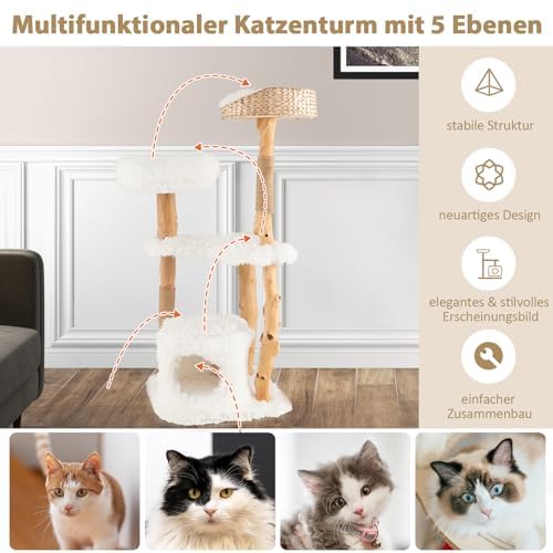 FANTASK Rascador con Cueva para Gatos, Asiento de Felpa y Plataforma de Asiento, Torre para Gatos con Postes rascadores de Yute, Muebles para Gatos de Madera Maciza