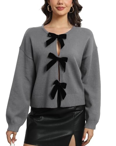 Image of Ladyful Bow Cardigan sweaters for women Fall Trendy Long Sleeve Open Front Knit Sweater Outerwear Coats