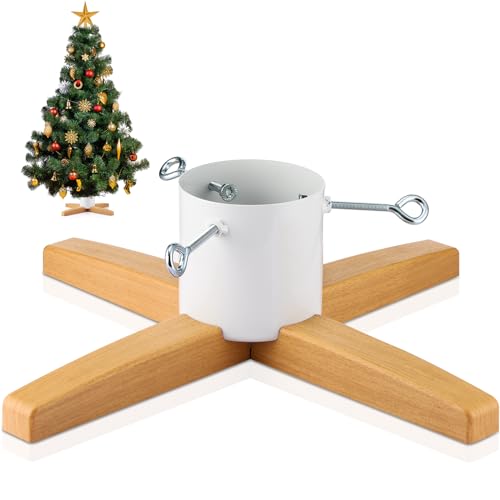 Gisafai Support de sapin de Noël pour arbres jusqu'à 2,4 m, support de table réglable en métal et bois pour Noël, vacances, décorations de fête d'hiver (blanc)