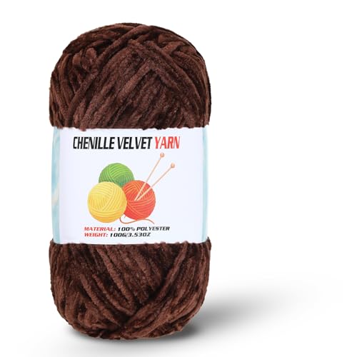 Image of Velvet Chenille Chunky Yarn, Handcrafts Weaving Soft Chenille Yarn for Crocheting Clearance, Used for Making Baby Yarn Blanket, Clothes, Knitting Creations (1 - Coffee Brown)