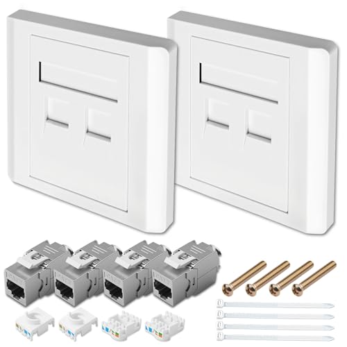 Aivane 2 x Tomada de rede CAT 7 2 portas embutida 10 gigabitcon e 4 x módulo Keystone Cat7 com caixa metálica lindada, caixa de rede recarregável RJ45 LAN para cabo de instalação, remendo (branco)