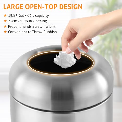 Image of WICHEMI 16 Gallon Commercial Large Trash Can, Bullet Outdoor Trash Bin with Open Top Lid for Patio, Brushed Stainless Steel Garbage Can Kitchen