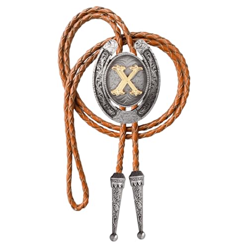 Image of Vintage Western Cowboy Monogram Initial Letter Bolo Tie for Men | Premium brown braided leather, adjustable sliding clasp, anti-tarnish alloy pendant, versatile A-Z western bolo tie