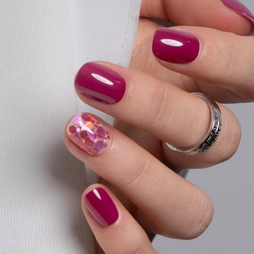 Image of CurvLife Soft Gel Press On Nails Square, Long-Lasting 32Pcs 16Size Reusable Stick On Fake Nails Kit with Glue Tabs, Glossy Salon-Style Manicure for Women Teens Beginners, At-Home (Wine Gem)