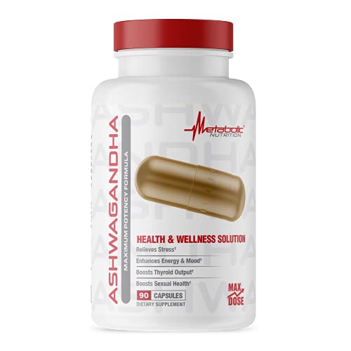 Metabolic Nutrition Ashwagandha 2200mg Made with Organic Ashwagandha Powder and Black Pepper Extract, 90 Vegan Capusles, Stres Relief, Boosts Thyroid Output, Enhances Mood