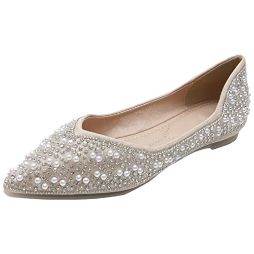 ANUFER Women's Elegant Pointed Toe Rhinestones Pearls Beaded Flat Pumps Shoes Lightweight Slip On Ballerinas
