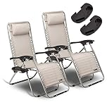 SUNMER Sun Lounger Garden Chairs - Set of 2 Zero Gravity Chairs with Cup & Phone Holder, Adjustable Headrest & Pillow - 30° to 90° Folding Deck Recliner - Professional Outdoor Seating - Grey