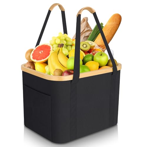 FTUREERA Einkaufskorb Faltbar, 32L Einkaufskorb Groß Tragekorb Stabiler Einkauf-skorb mit PU-Ledergriff, Einkaufstasche Faltbar für Picknick, Einkaufen, Reisen, Geschenk - Schwarz