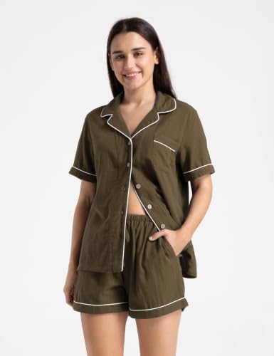 Image of Womens Muslin Pajama Set 100% Cotton Double Gauze Linen Like Breathable Soft Button Up Loungewear Sleepwear PJ Set