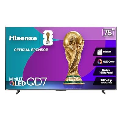 Hisense 75" Class QD7 Series Mini-LED 4K UHD Smart Fire TV (75QD7QF, 2025 Model) - QLED, Native 144hz, HDR10+, Dolby Vision, Dolby Atmos, Game Mode Pro, ALLM, Alexa Built in with Voice Remote, Black