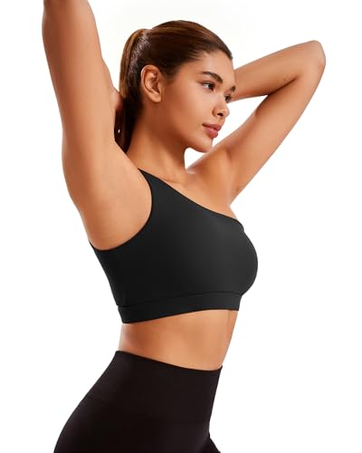 Image of One Shoulder Sports Bras for Women Low Impact Asymmetrical Workout Tops Padded Yoga Right Shoulder Strap Bra