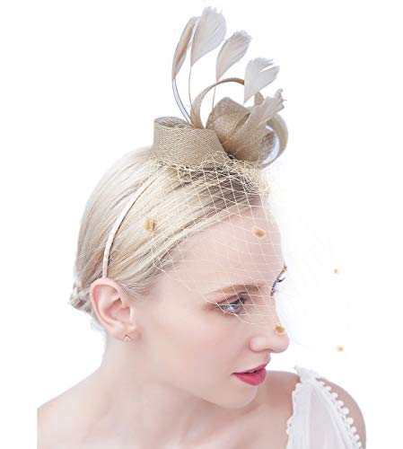 FELIZHOUSE Fascinators for Women Tea Party Hats Cocktail Church Wedding Flower Veil Feathers Headband with Hair Clip