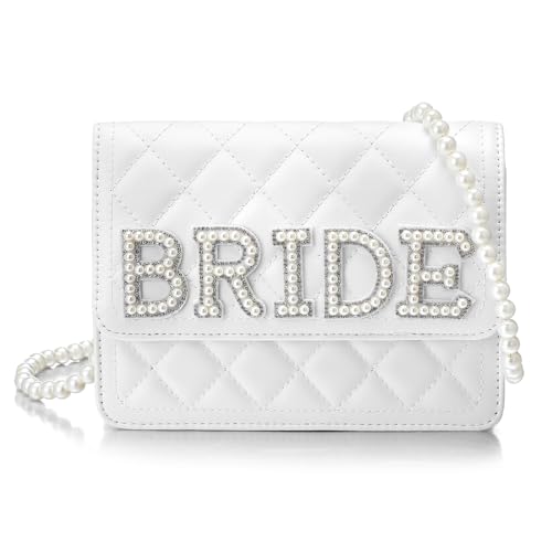 Image of Eccliy Bride Purse White Clutch Wifey Gift Mrs Bride Purse with Pearl Chain for Wedding Day Bridal Shower Gift Bachelorette