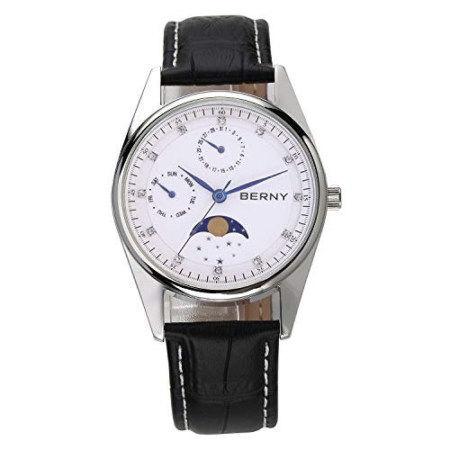 Berny Mens Multi-Function Watch with Calendar and Moon Phase Watch - Stainless Steel Case and Leather Band (White)