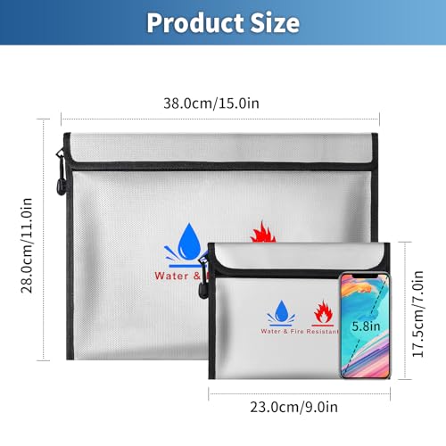Fireproof Document Bags Fire Resistant Money Safe Document Bags 15 x 11 & 9 x 7 Inches Set - No Itchy Silicone Coated Fireproof Bags for Money, Documents, Jewelry, Passport