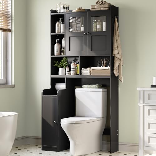 Itaar Over The Toilet Storage Cabinet, Over Toilet Bathroom Organizer with Glass Doors & Toilet Paper Holder Stand, Home Space-Saving Toilet Rack, for Bathroom, Restroom, Laundry(Black)