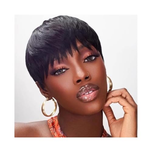 Perruque cheveux humains pixie courte dégradée 10 cm noire pour femme
