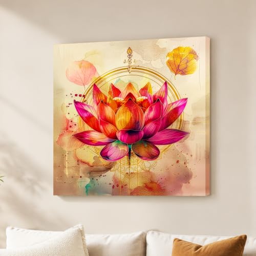 Image of Pink Vastu Lotus Stretched Canvas Wall Art Painting for Living Room | Elegant Floral Artwork Painting | Modern Spiritual Wall Decor for Home, Bedroom & Office, 22x22 Inch