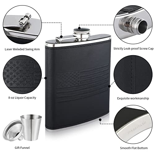 2 Pcship Flask For Liquor For Men 8Oz Black Leather American ​Flag Stainless Steel Leakproof Never-Lose Metal Cap,With Funnel And Mini Cups, Drinking Flasks For Wedding Party Gift Outdoor Activities #TOP4