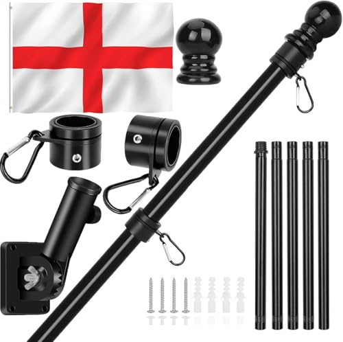 Ousinby Flag Pole Kit 6FT/1.8M Wall Mounted Flagpoles for Garden Stainless Steel Adjustable Flag and Pole Set with England Flags for House Garden Yard Outdoor Fence Black