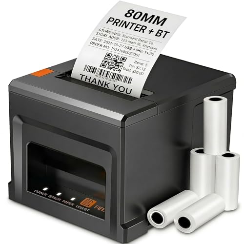Fuhuihe 80mm Thermodrucker Mobiler Einsatz mit Autocutter & Alarm | 300mm/s USB Bluetooth | Inkl. 5 Rollen + 58mm Adapter | Nur für Windows/Mac | Nicht für iOS/Android