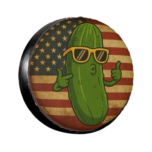 Image of Funny Pickle American Flag Spare Tire Cover with Unique Print, Weatherproof Wheel Covers Tire Protector, Universal Fit for Rv, Trailer, SUV, Camper Vehicle