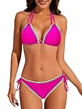 Women's String Triangle Bikini Two Piece Bikini Sets for Women Sexy Swimsuit Halter Top Color Block Bathing Suit Rose Pink S