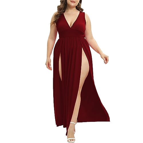 Image of SILUI Women's Summer 2026 Sexy Double High Slit Deep V Neck Plus Size Sundresses Thigh Split Maxi Club Party Dresses