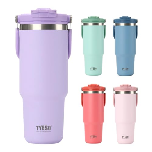 TYESO Tumbler with Flip Straw & Sip Lid, Vacuum Insulated Water Bottle, Double Wall Stainless Steel Coffee Cup Travel Mug Leak Proof (PURPLE, 30 OZ)