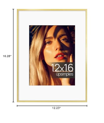 Image of upsimples Aluminum 12x16 Picture Frame Gold, Display Photo 8.5x11 with Mat or 12 x 16 without Mat, Wall Hanging Metal Poster Frame with Acrylic Cover, 1 Pack