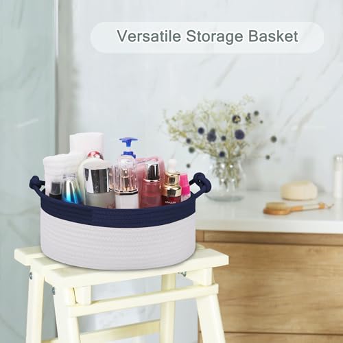 Image of COMSE Small Gift Basket Empty with Bag & Ribbons, Navy Blue & White