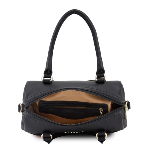 Image of Caprese Erica Satchel, Black-Medium | Sleek Embroidered Handbag for Women with Secure Top Zip | Multiple Compartments | Perfect for Casual & Daily Use