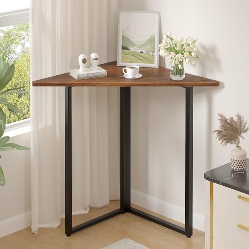 VECELO Corner Desk Office Tables for Living Room for Small Space Triangle Computer Desk with Steel Frame Corner Shelves with Metal Frame Writing Desk for Workstation Classic Brown 31.1