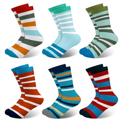 Queenshin 6 Pares Calcetines Niño Infantile Divertidas Colorido Azul Verde Rojo Rayas Calcetines Crew Regalo Comodidad y Transpirabilidad en 5-8 años Tamaño 28-32