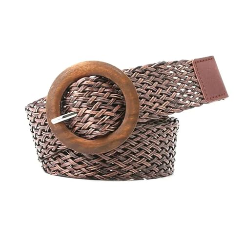 Straw Boho Belt Braided Waist Belt Black Coffee Female Belt Vintage Round Wooden Smooth Buckle Fake Straw Wide Belts Waist Strap for Women(Color 6)