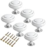 Qiveno White Kitchen Ceramic Cabinet Knobs, 6 Pack Vintage Round Knobs for Dresser Drawers Pull Handle Knobs with Screws for Cupboard, Wardrobe, Bathroom