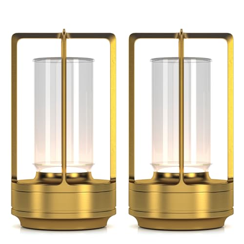 Portable Metal Table Lamp for Indoor/Outdoor Rechargeable Cordless LED Lamp 3-Colour Infinitely Dimming Battery Powered Small Desk Lamp Restaurant/Bedroom/Bar/Coffee/Camping Light (Gold Set of 2)