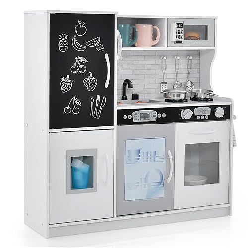 COSTWAY Kids Wooden Kitchen, Pretend Play Kitchen with Chalkboard, Sink, Microwave, Ice Maker, Utensils, Children Cooking Role Playset for 3-6 Years Old Boys Girls (White)