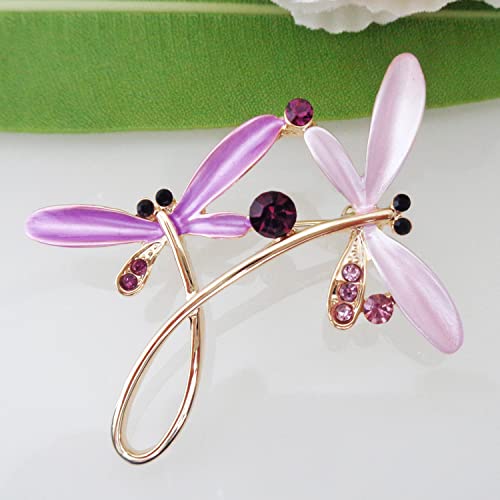 Image of Navachi 18k Gold Plated Multicolor Enamel White Crystal Double Dragonfly Wings Brooch Pins