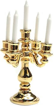Acxico 1Pcs 1/12 Scale Miniature Gold Candelabra 5 White Candles Mini House Kitchen